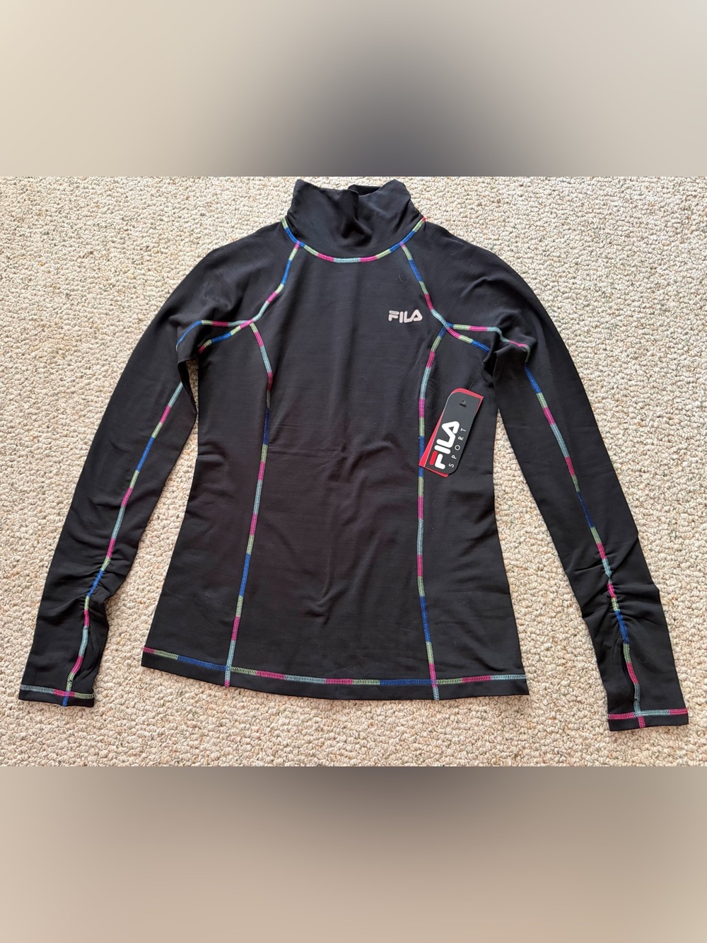 NWT Fila Black Long-Sleeve Mock Neck Running Top with Multicolor Stitching Small